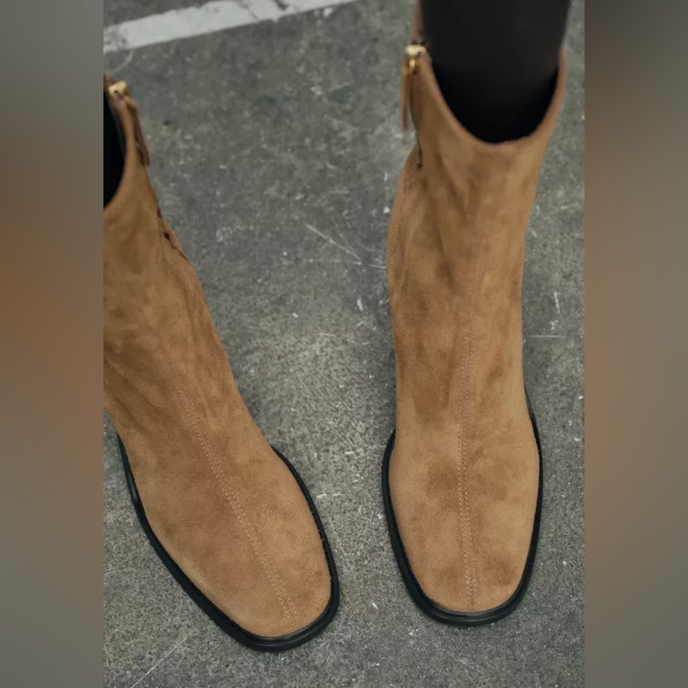 Zara Tan Suede Ankle Block Boots Size 35